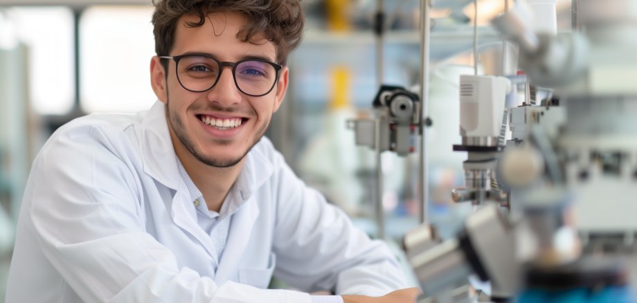A smiling young scientist in a lab coat is standing next to advanced laboratory equipment. Enthusiastic and promising young researcher in a cutting-edge laboratory environment.
