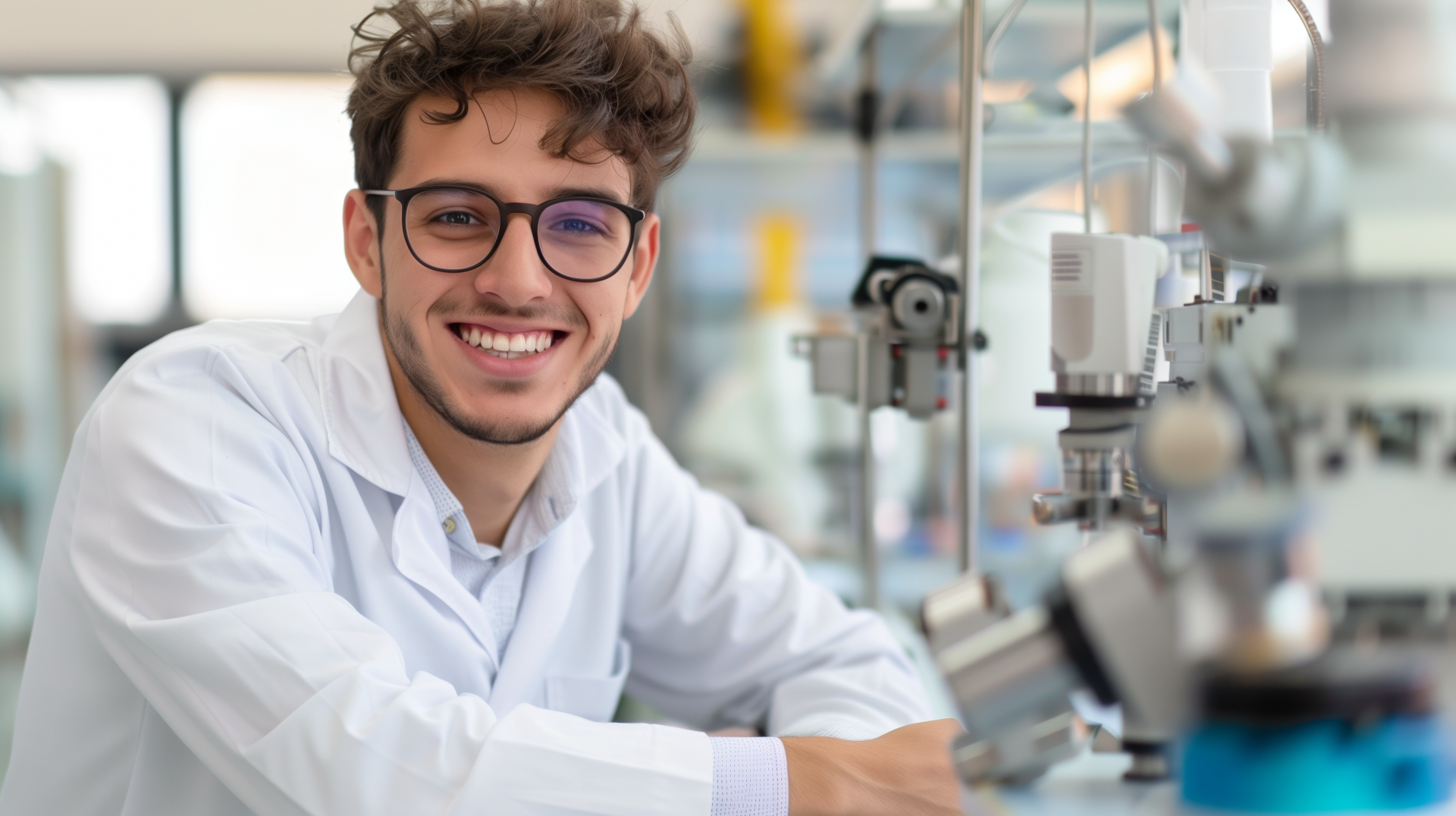 A smiling young scientist in a lab coat is standing next to advanced laboratory equipment. Enthusiastic and promising young researcher in a cutting-edge laboratory environment.
