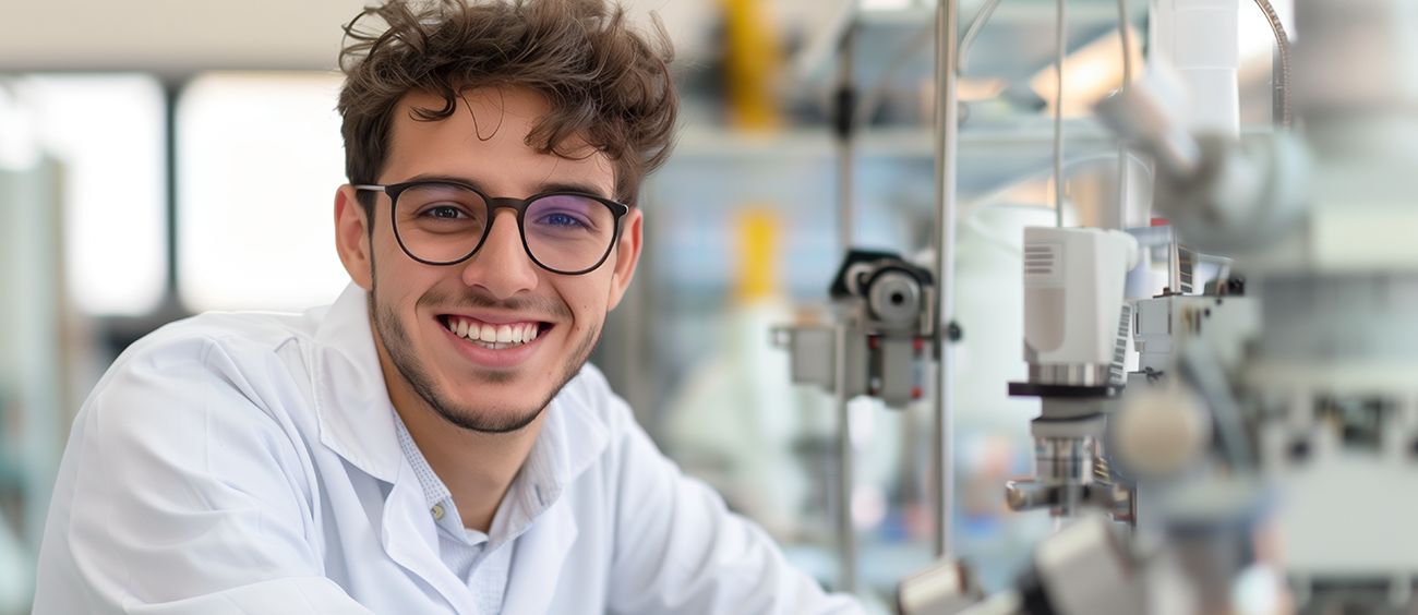 A smiling young scientist in a lab coat is standing next to advanced laboratory equipment. Enthusiastic and promising young researcher in a cutting-edge laboratory environment.